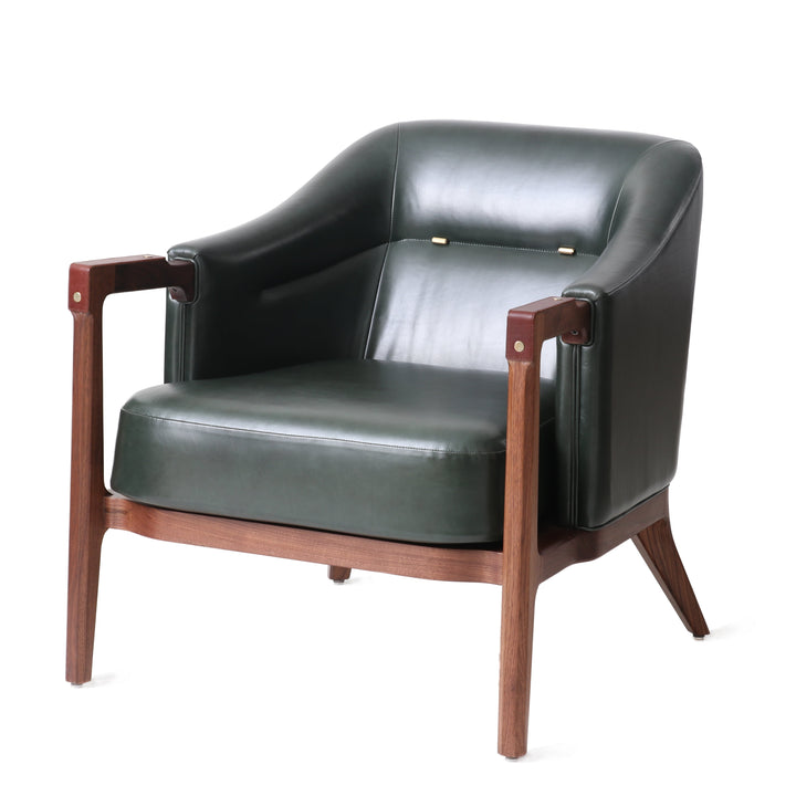 Modern lounge chair with natural walnut wooden frame, dark green leather upholstery, and brass details, perfect for contemporary living rooms or stylish office spaces.